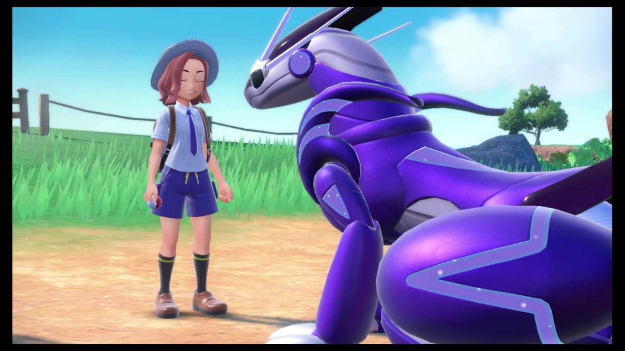 Die Spielfigur steht vor einem riesigen lila Pokémon.