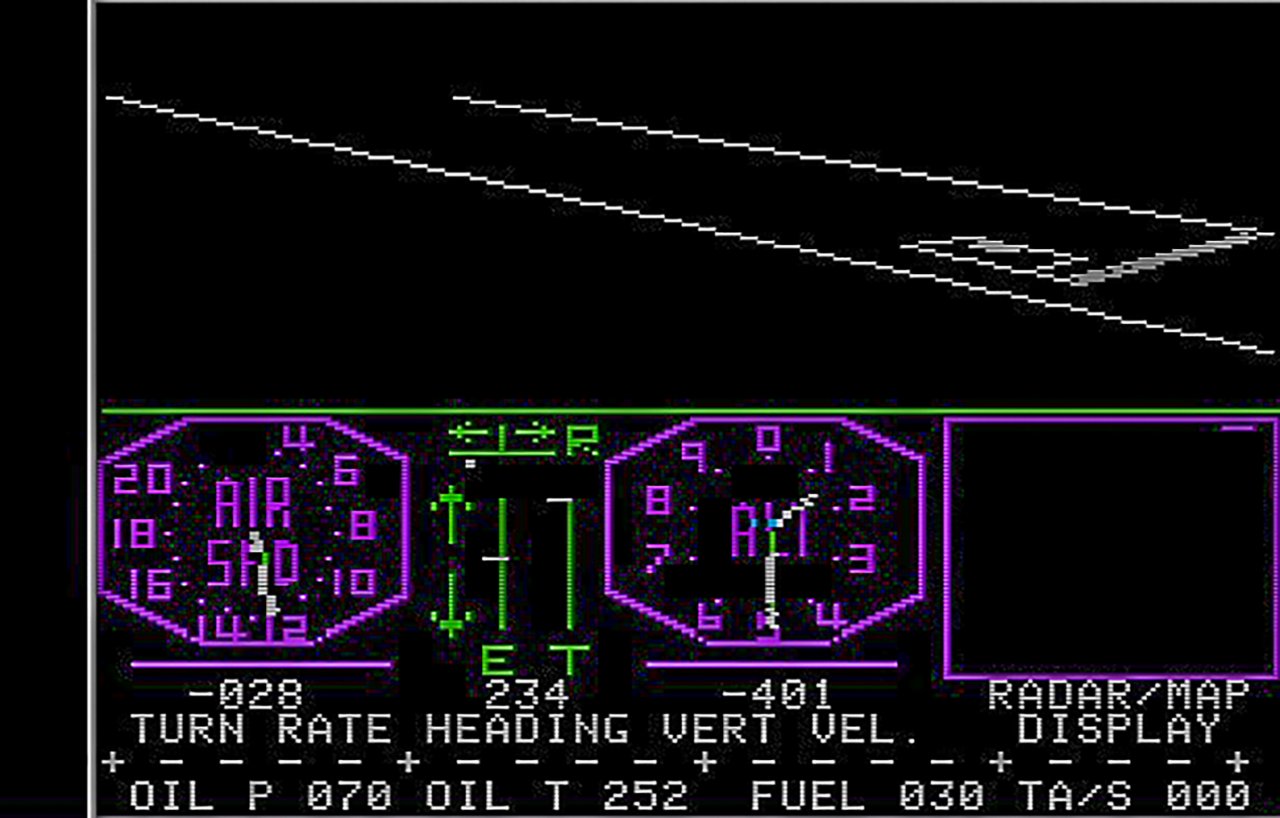[03/03/2023] Diese wirre Ansammlung an Strichen sollte eine Landebahn in Flight Simulator darstellen und brachte den Prozessor des Apple-II-Computers zum Kochen.&nbsp;