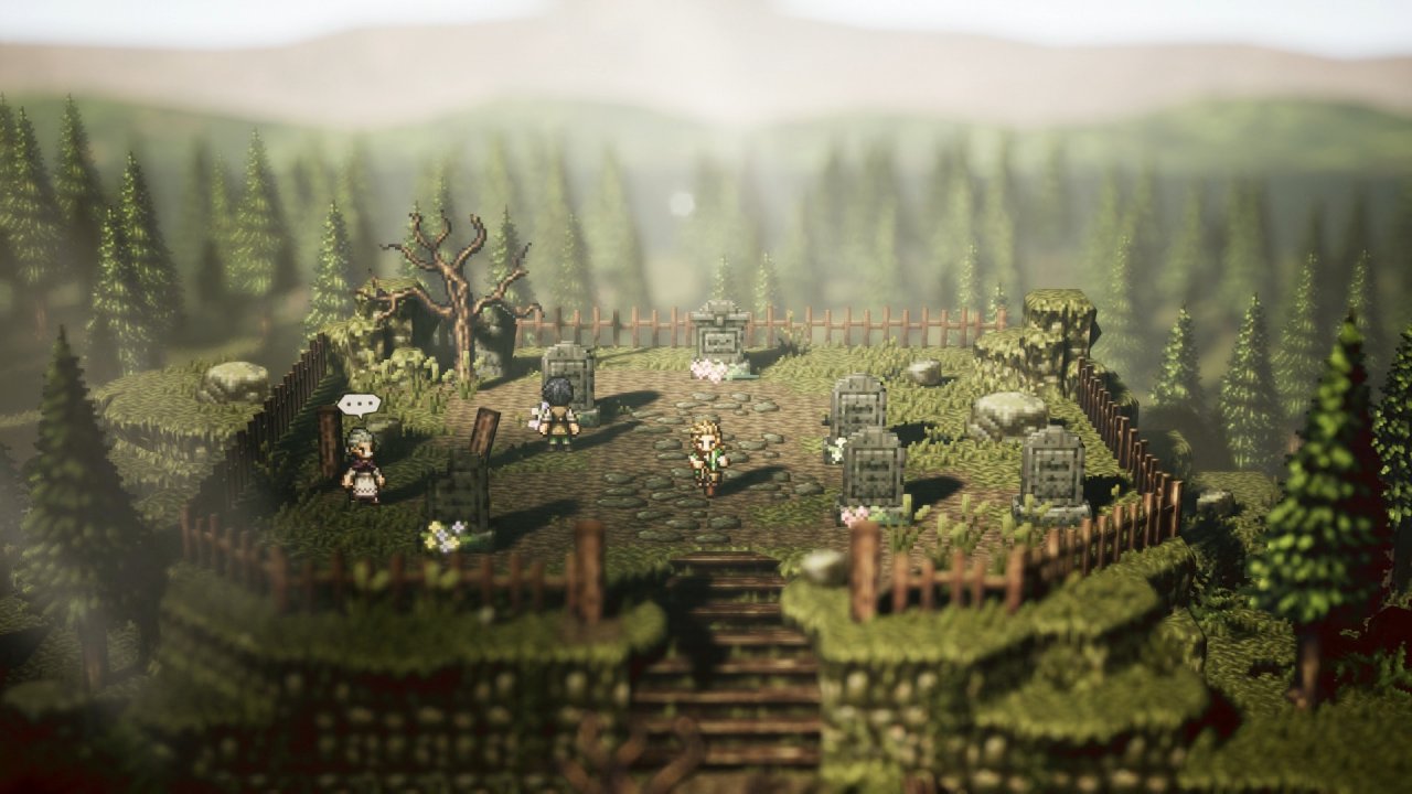 Octopath Traveler: Ein Held steht auf einem kleinen Friedhof auf einem Hügel.