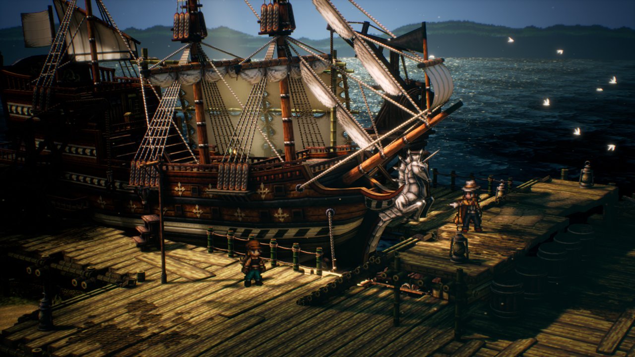 Octopath Traveler 2: Ein Segelschiff liegt in einem Hafen.