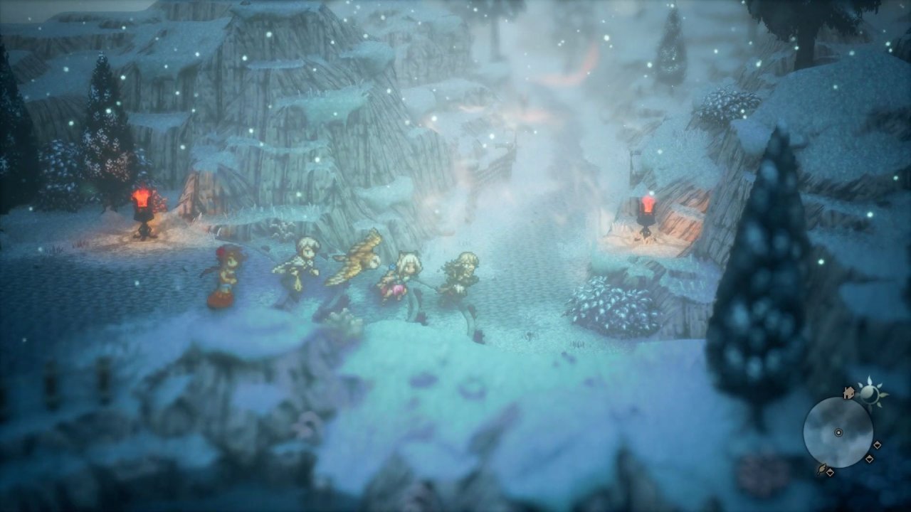 Octopath Traveler 2: Die Helden laufen durch einen verschneiten Wald.