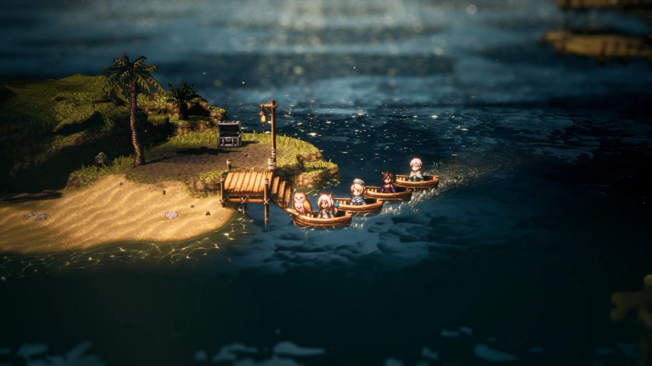 Octopath Traveler 2: Die Heldengruppe legt mit mehreren kleinen Booten an einem Dock an.