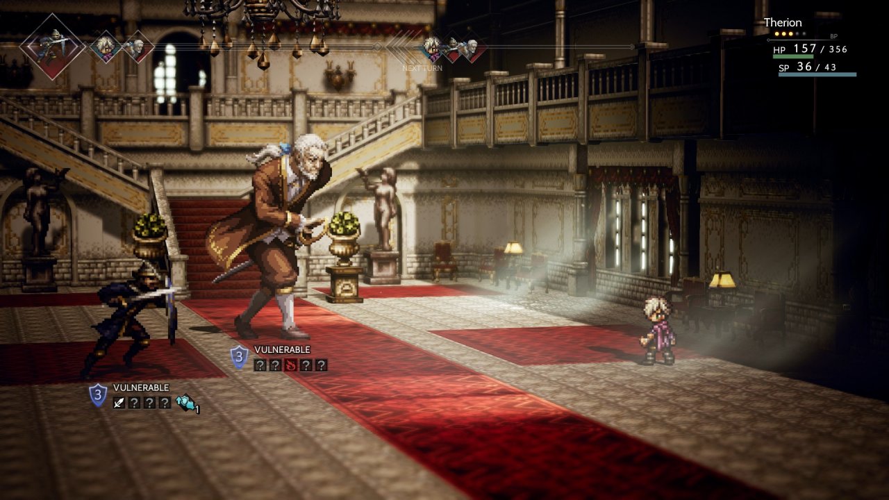 Octopath Traveler: Die Figur Therion kämpft gegen zwei Gegner in einem großen Saal.