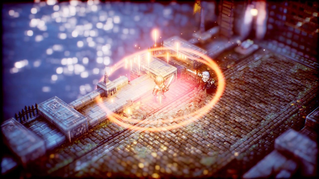 Triangle Strategy: Ein Statuseffekt wird als heller Lichtkreis um eine Spielfigur dargestellt.