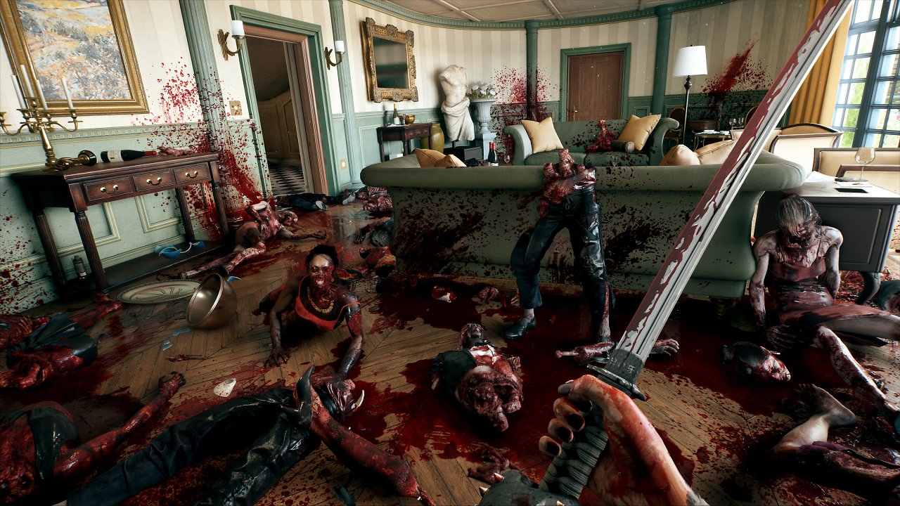 Zerschnittene Zombies und viel Blut auf dem Boden