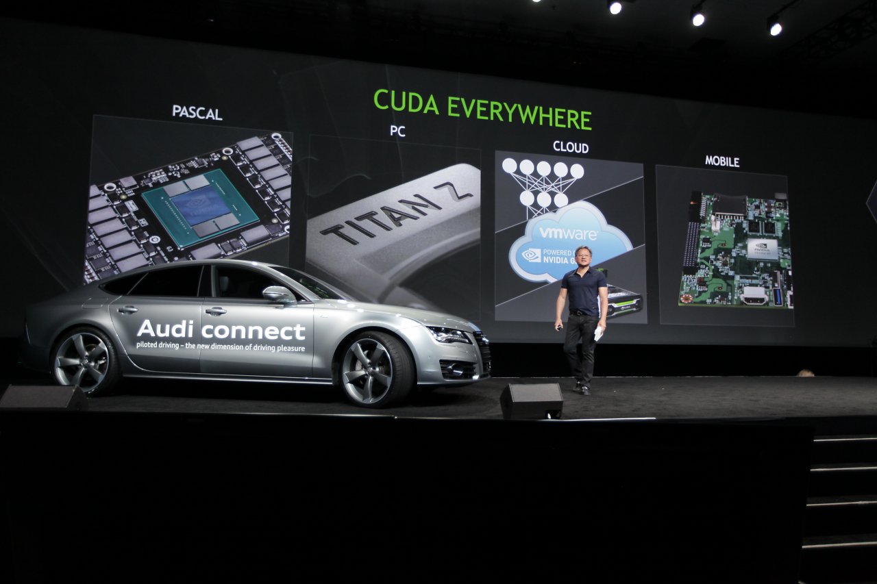 GPU Technology Conference 2014 Jen-Hsun Huang präsentiert den Einsatz von Cuda u.a. in selbstfahrenden Autos von Audi.