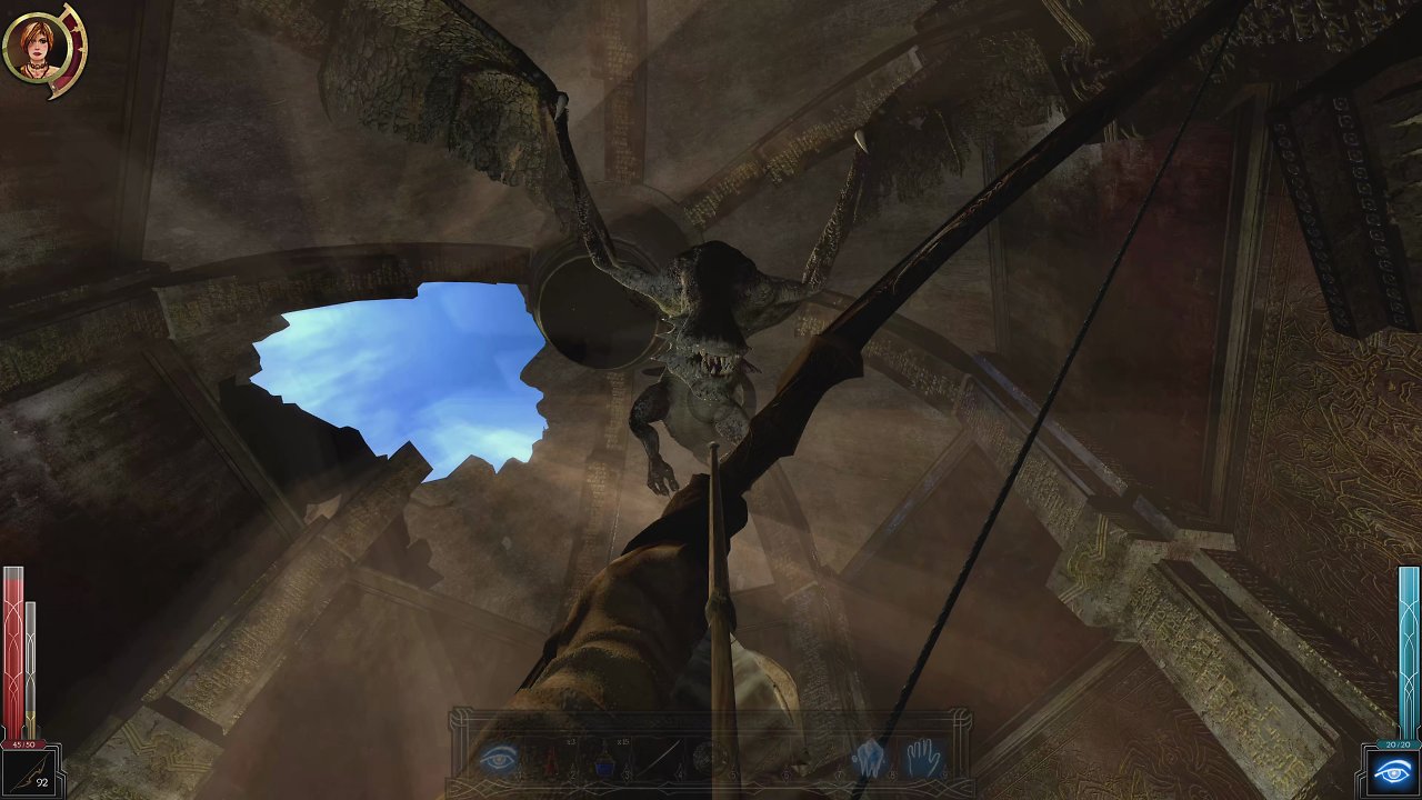 Sareth zielt mit seinem Bogen auf einen blinden Drachen.