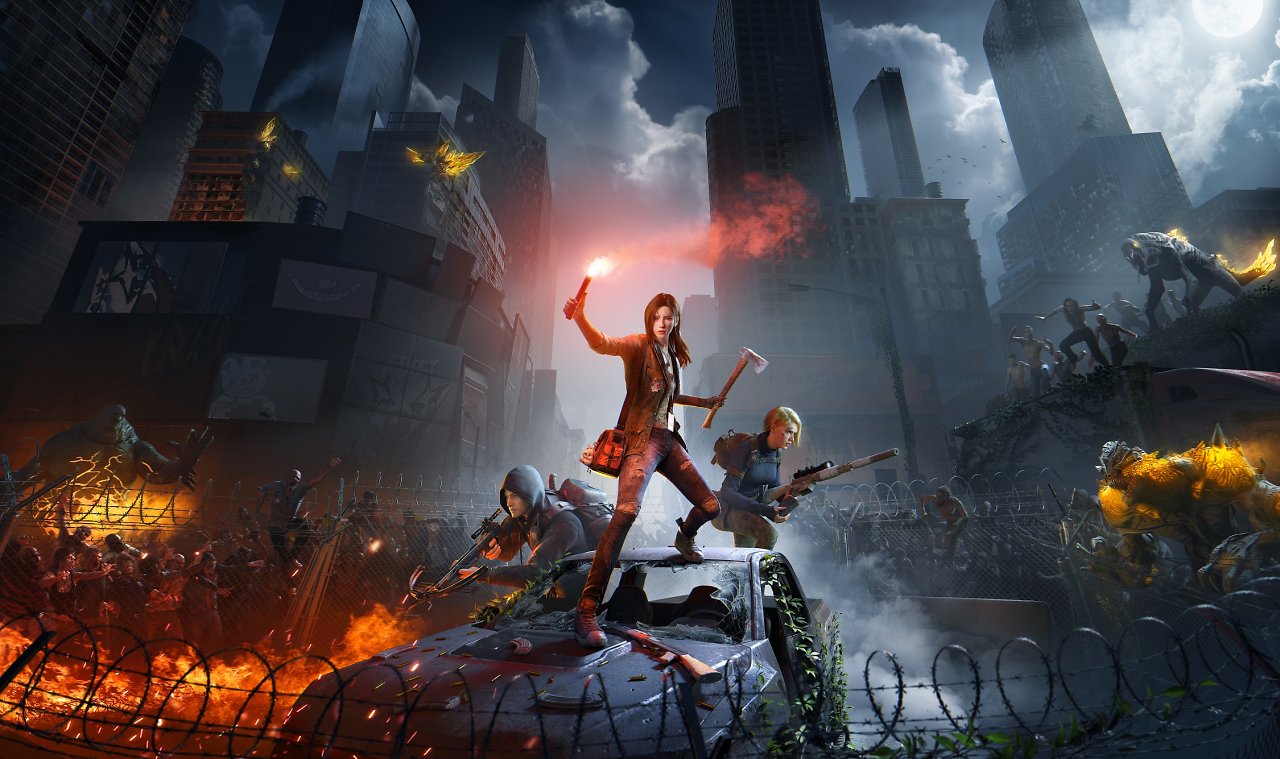 Drei bewaffnete Überlebende im Kampf gegen eine Horde Zombies.