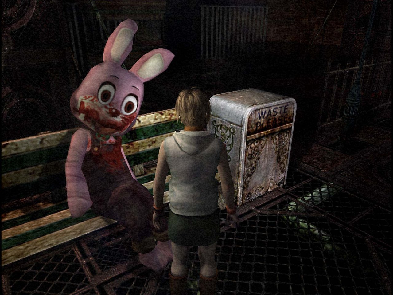 Heather Mason aus Silent Hill 3 betrachtet ein blutiges, pinkes Stoffkaninchen.