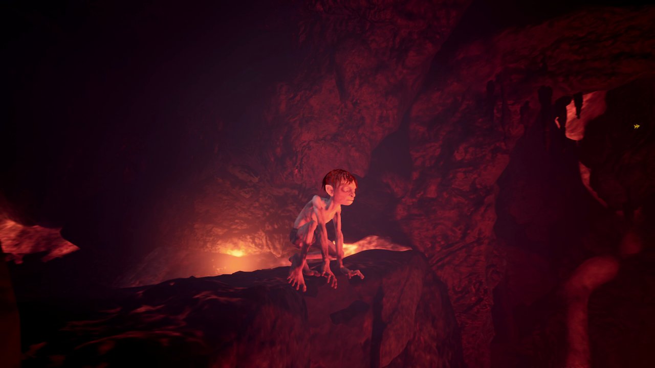 Gollum schwebt über einem Lavastrom.