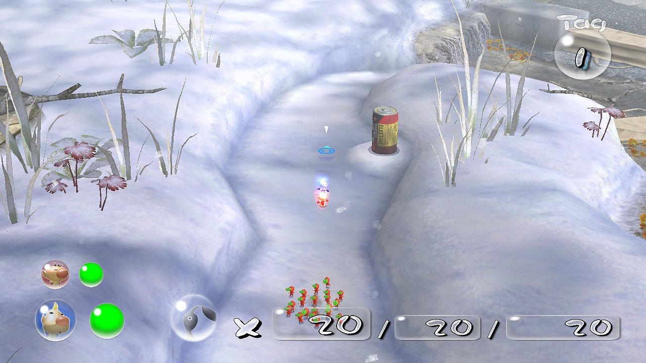 Olimar und Loui in eisiger Schneelandschaft.