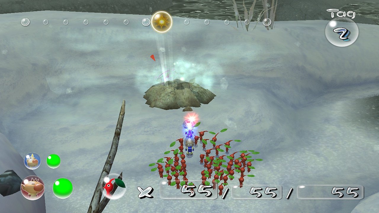 Olimar, Loui und die roten Pikmin stehen vor dem Höhleneingang.