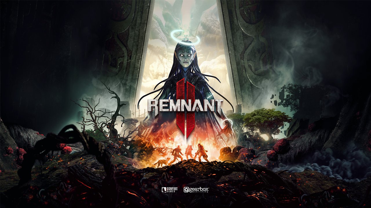 Das Cover-Artwork von Remnant 2. Im Hintergrund ist eine riesige Frau mit Heiligenschein zu sehen, vorne drei Spielercharaktere.