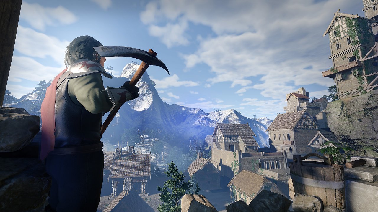 Ein Flameborn steht mit einer Spitzhacke vor einem mittelalterlichen Stadtpanorama.