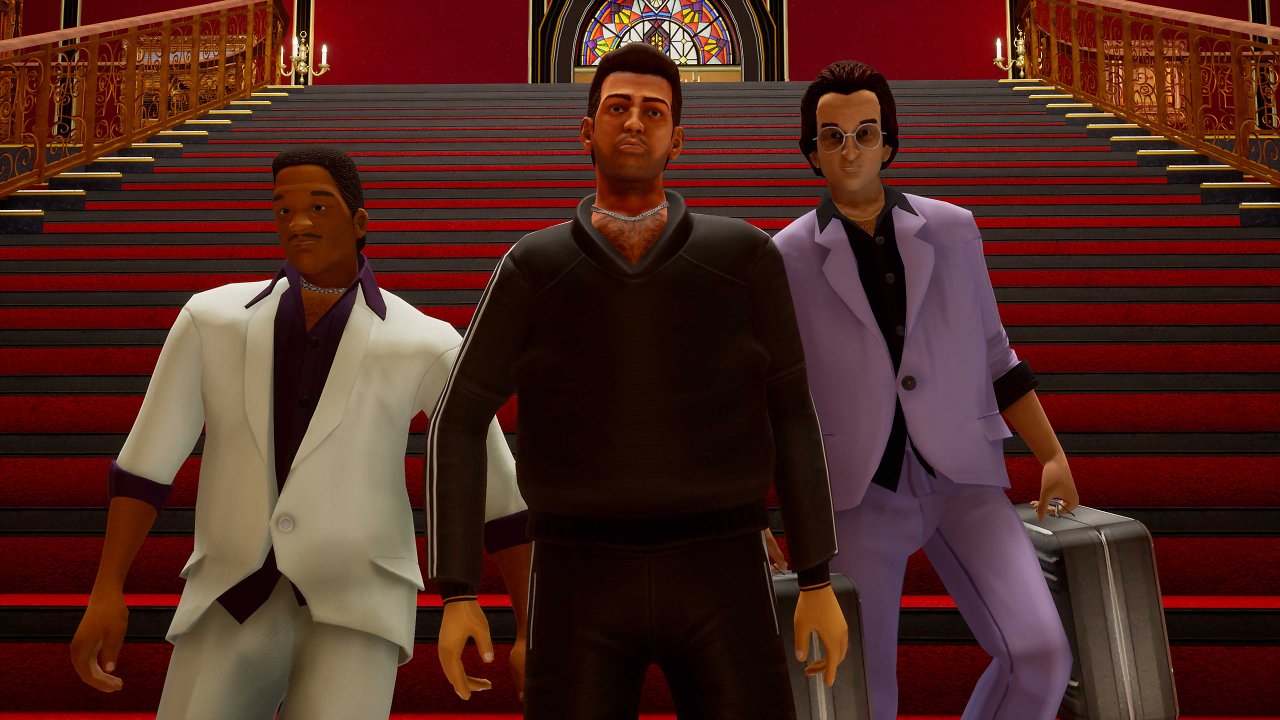 Hauptcharaktere aus GTA Vice City laufen Treppe herunter