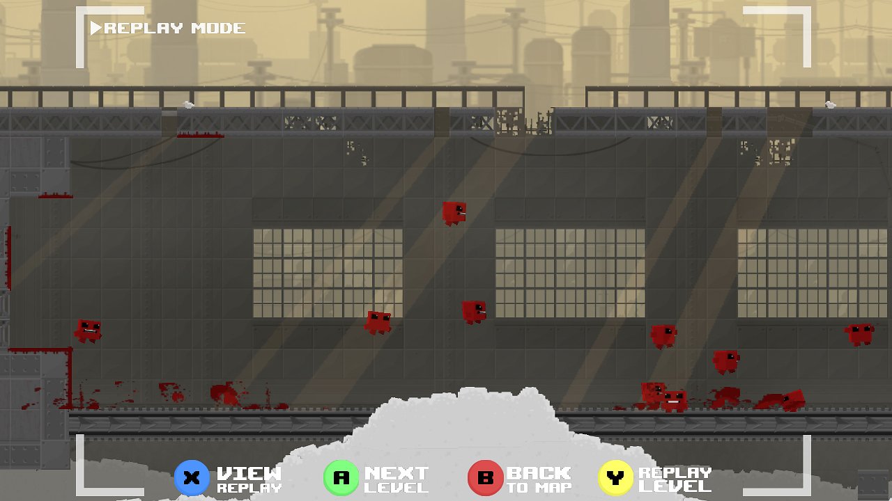 Am Ende eines Levels sieht der Spieler in Super Meat Boy alle gescheiterten Versuche gleichzeitig.