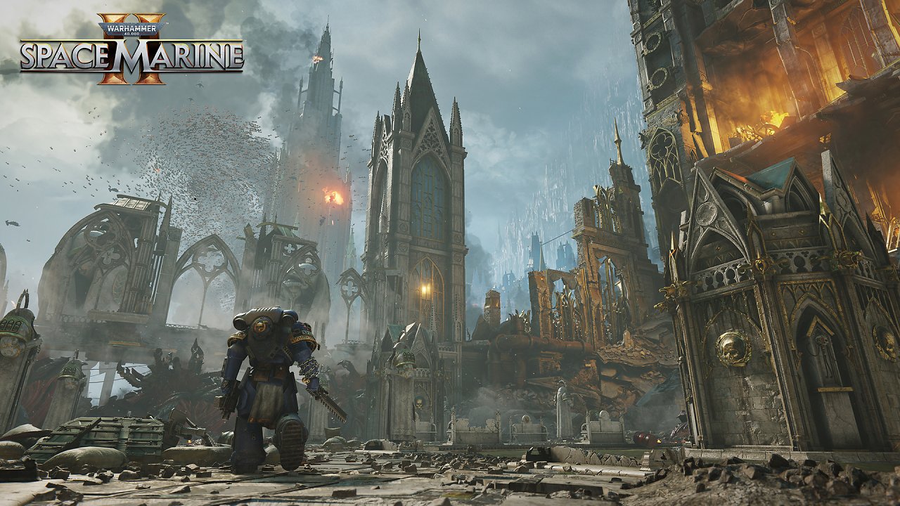 Leutnant Titus von den Ultramarines blickt auf die zerstörte Stadt.