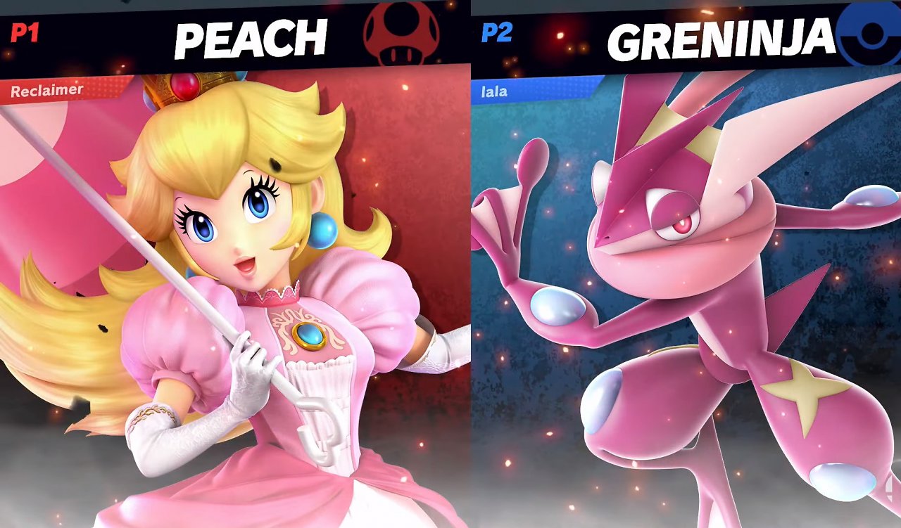 Peach und Greninja im Versus-Bildschirm von Smash Ultimate.