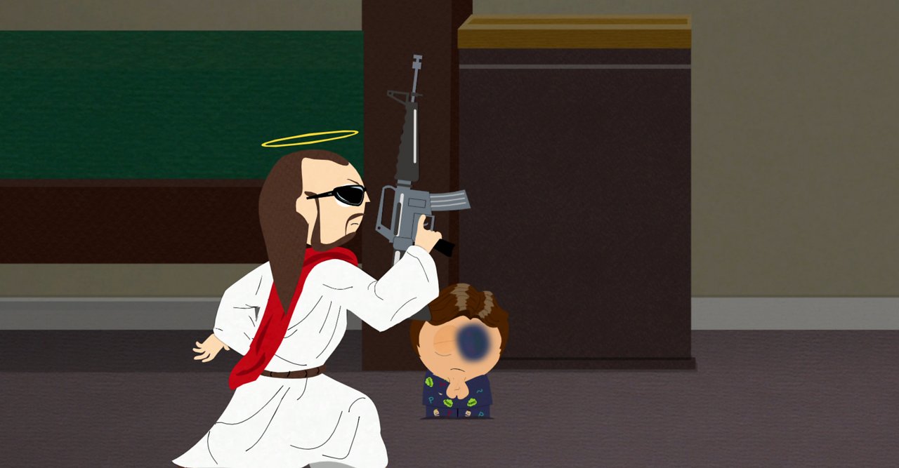 Jesus mit Gewehr und Sonnenbrille vor einem betenden Kind.