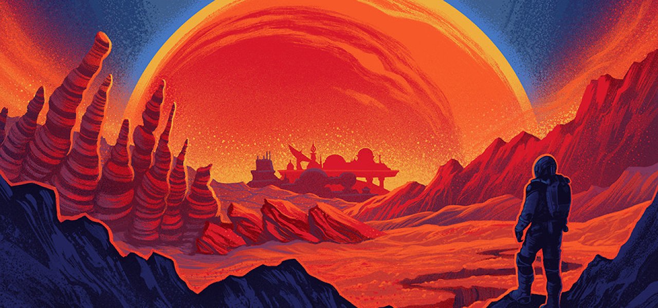 Astronaut steht vor rotem Hintergrund