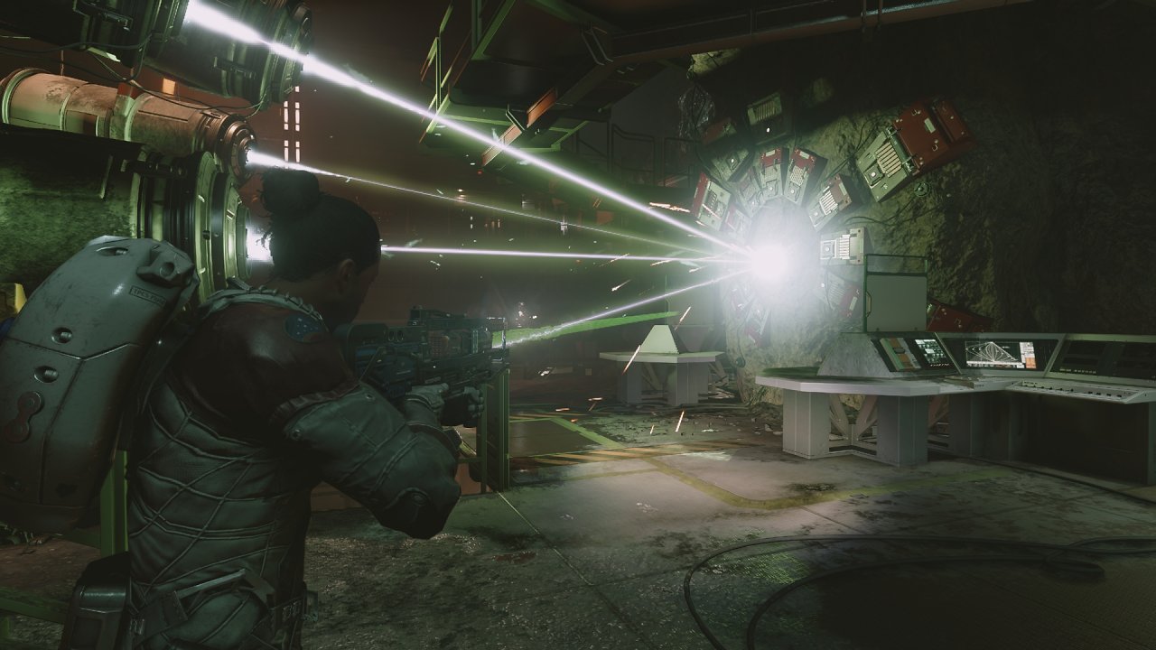 Ein Charakter schießt mit einem Laser.