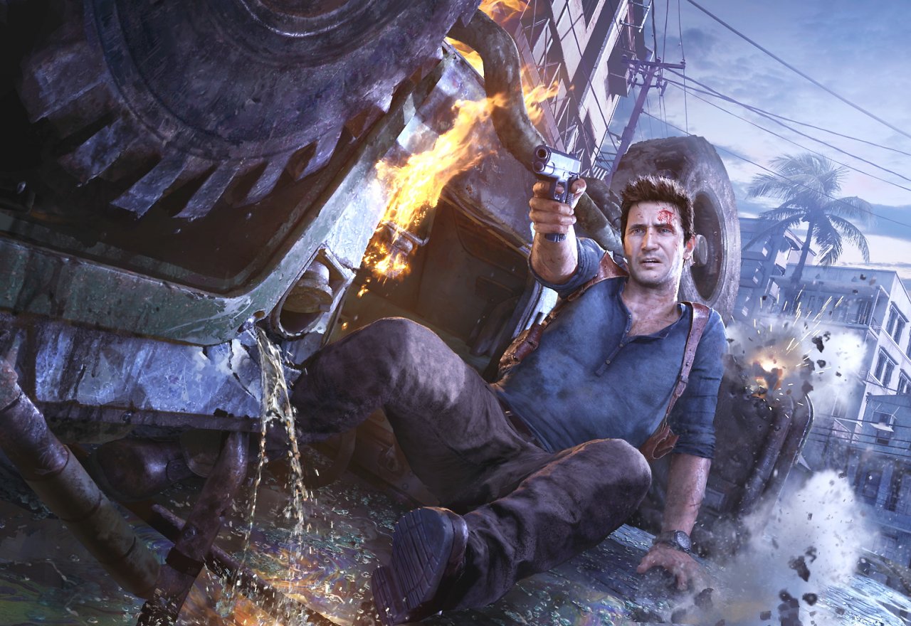 Nathan Drake aus dem Spiel Uncharted 4 im Gefecht.