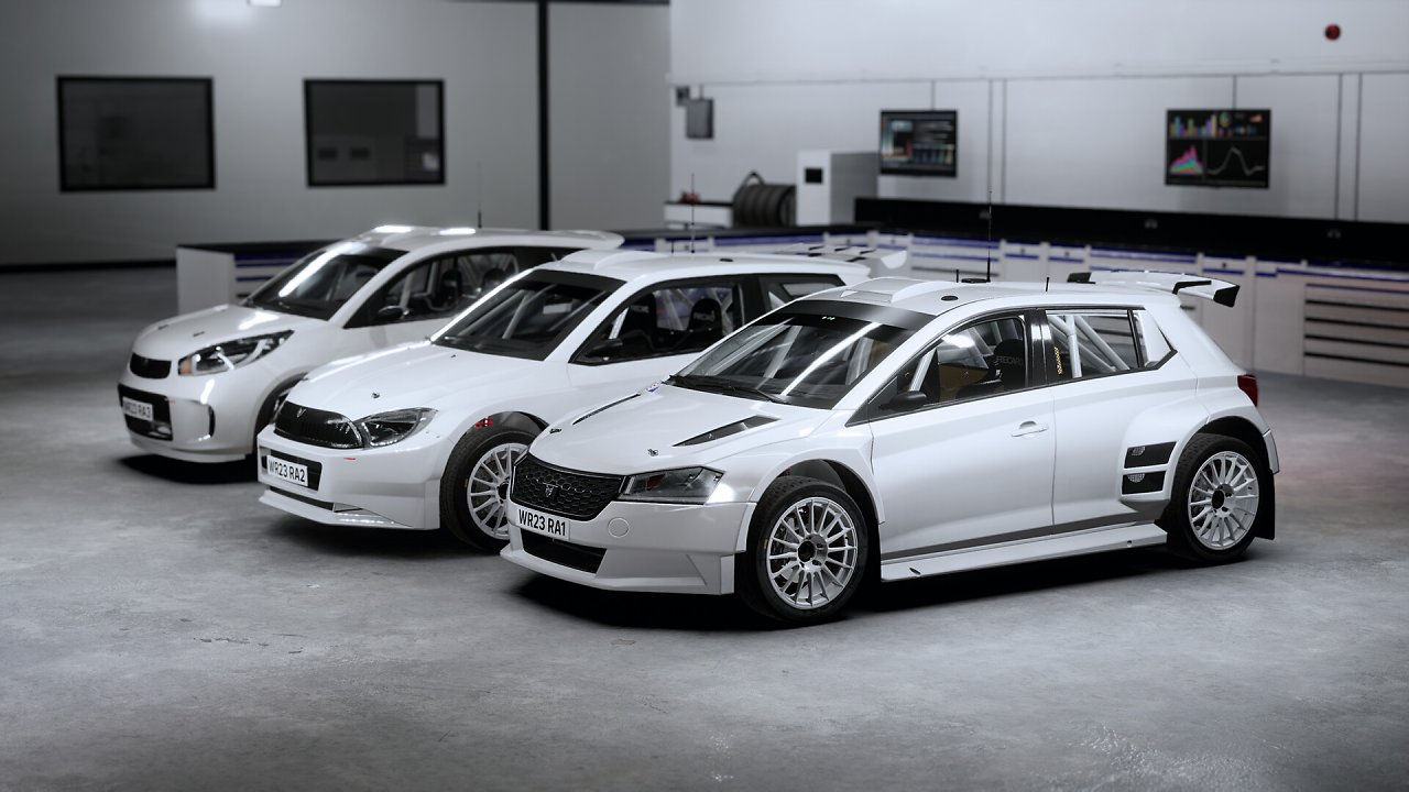 Eine Reihe von Automodellen stehen nebeneinander in einer Garage.