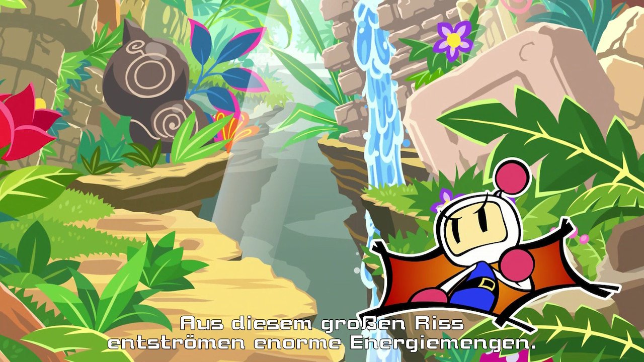 Eine Zwischensequenz, bei der Bomberman einen fremden Planeten erkundet.