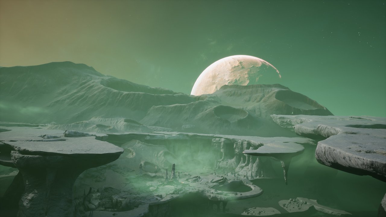 Der Mond im Hintergrund einer kargen Landschaft auf Regis 3.