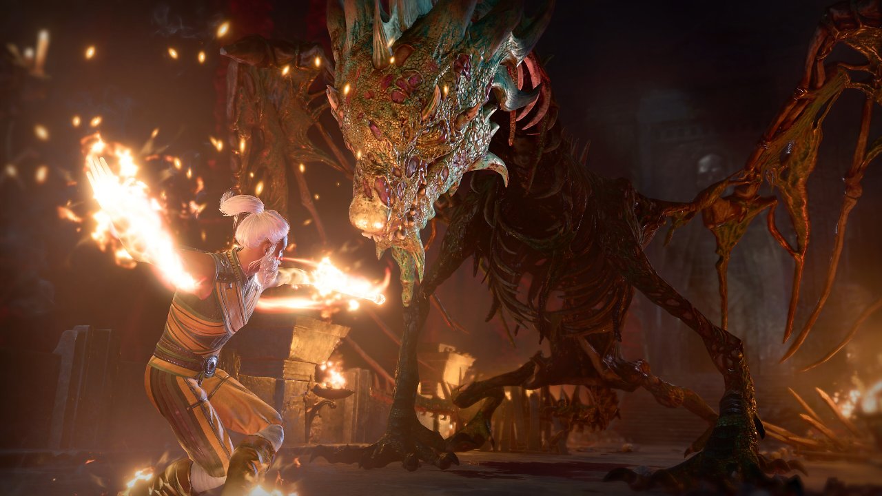 Ein Charakter kämpft mit einem Drachen