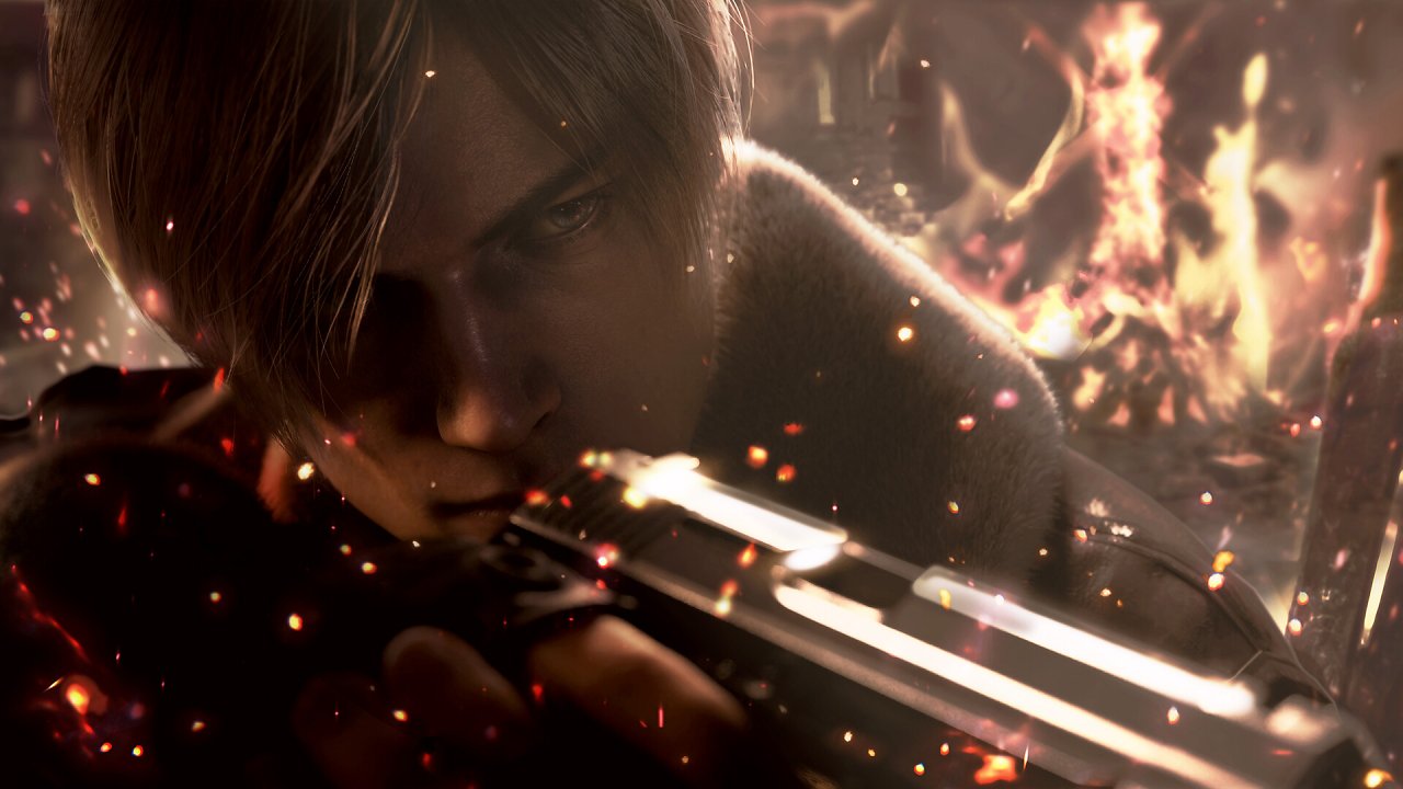 Leon Kennedy hält eine Pistole Richtung Kamera.