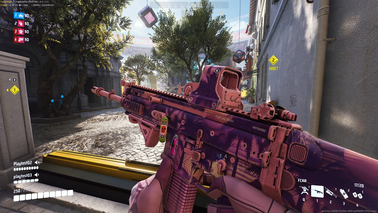 Spieler betrachtet aus der Egoperspektive seine eigene pinke Waffe