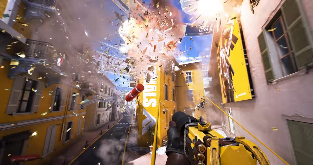Figur zielt mit einer Waffe und Dinge in der Spielwelt explodieren