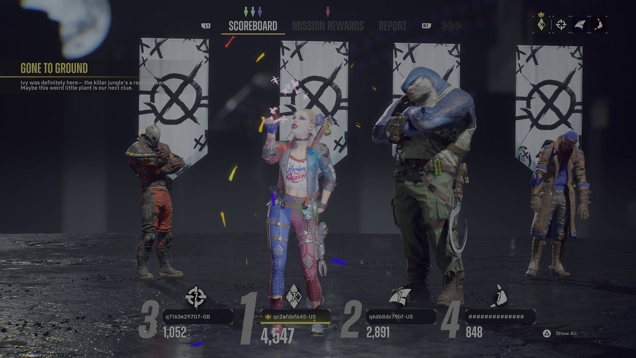 Ein Scoreboard der vier Helden mit den von ihnen erzielten Punktzahlen in der letzten Mission.