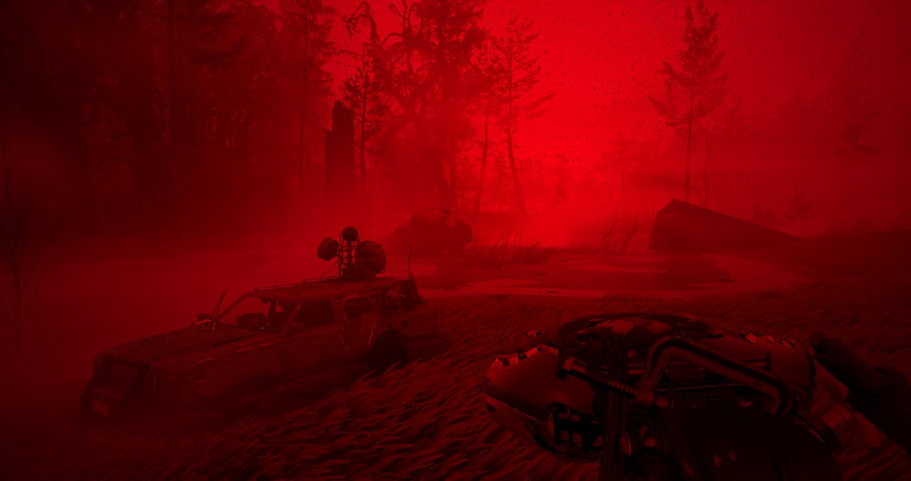 Spieler steht mit einer Art Säge vor dem Fahrzeug. Im Hintergrund leuchtet die Spielwelt rot