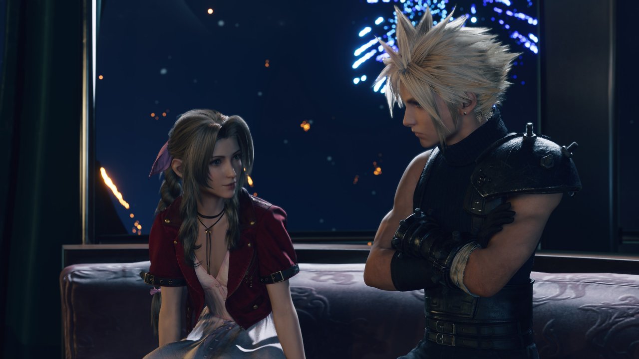 Aerith und Cloud unterhalten sich während eines Feuerwerks.