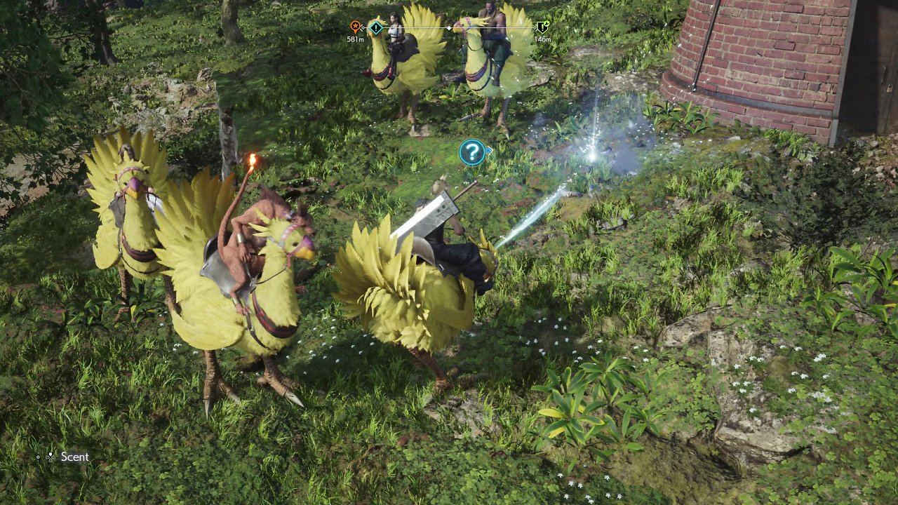 Cloud reitet auf einem Chocobo und ist dabei auf Schatzsuche.