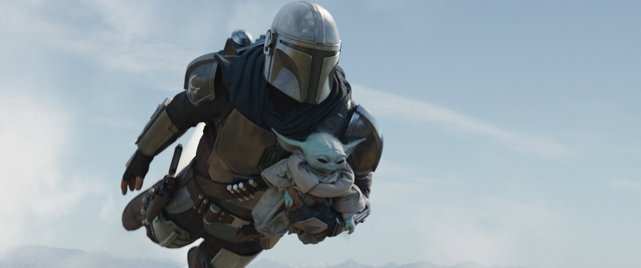 Mando fliegt mit Grogu