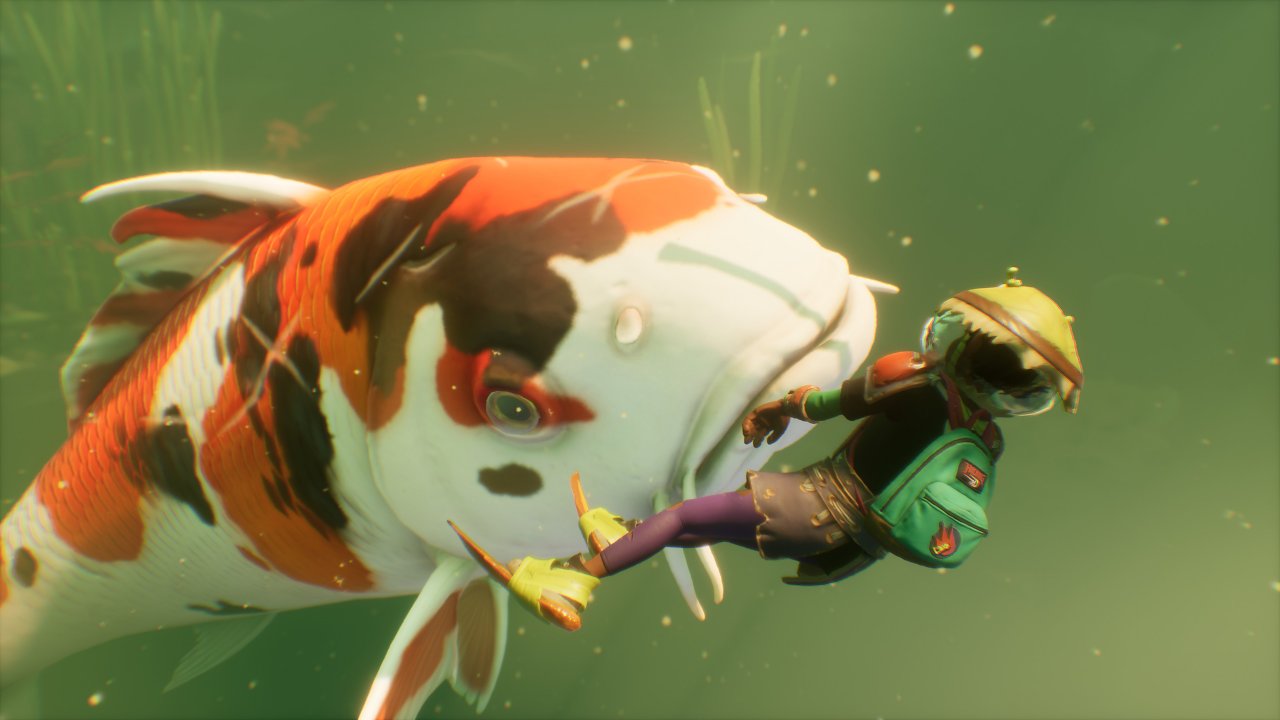 Spieler schwimmt und wird von riesigem Fisch angegriffen