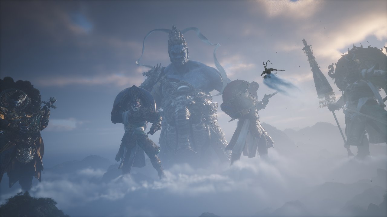 Sun Wukong fliegt mit seiner Wolke auf riesige Statuen zu.