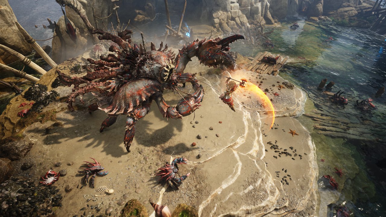 Der Spieler greift ein großes Krabbenmonster an.