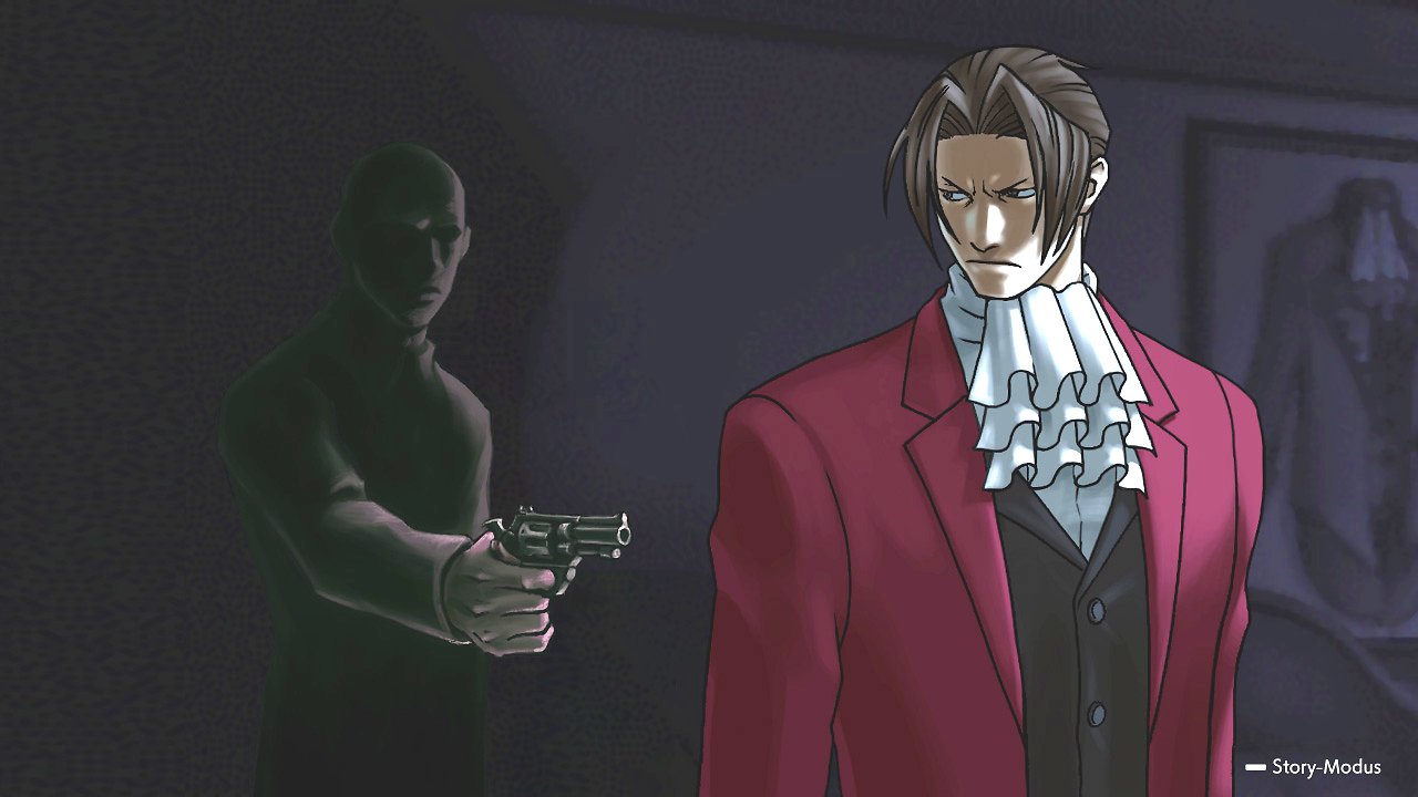 Eine mysteriöse Gestalt bedroht Miles Edgeworth von hinten mit einer Pistole.