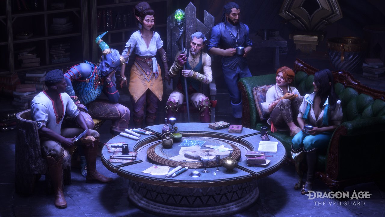 Alle sieben Gefährten aus Dragon Age: The Veilguard um einen Tisch versammelt