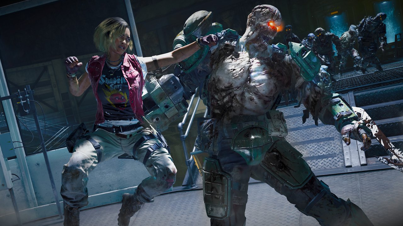 Eine weibliche Figur boxt einen Zombie