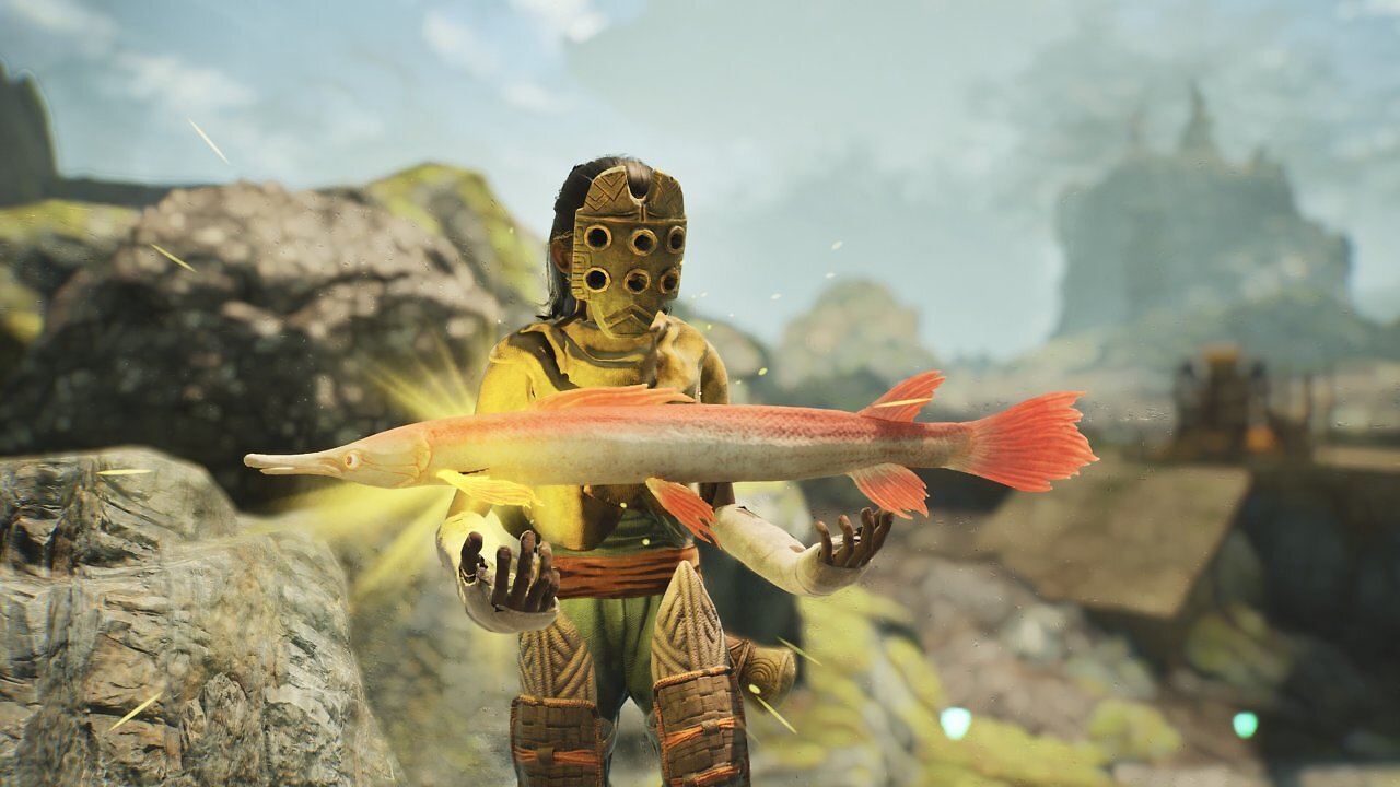 Eine Figur hält einen Fisch in Towers of Aghasba