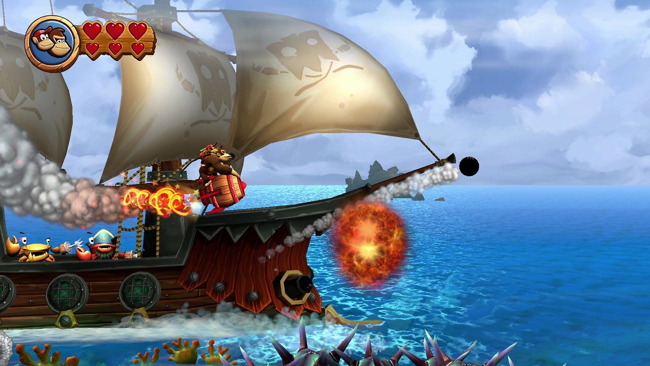 Donkey und Diddy Kong reiten auf einem Raketenfass. Im Hintergrund feuert ein Piratenschiff auf sie.