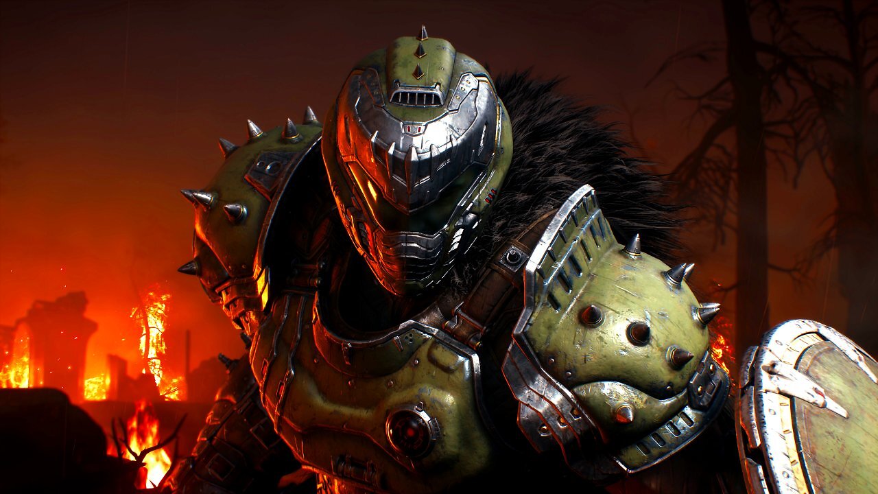 Der Doom-Slayer blickt in die Kamera.