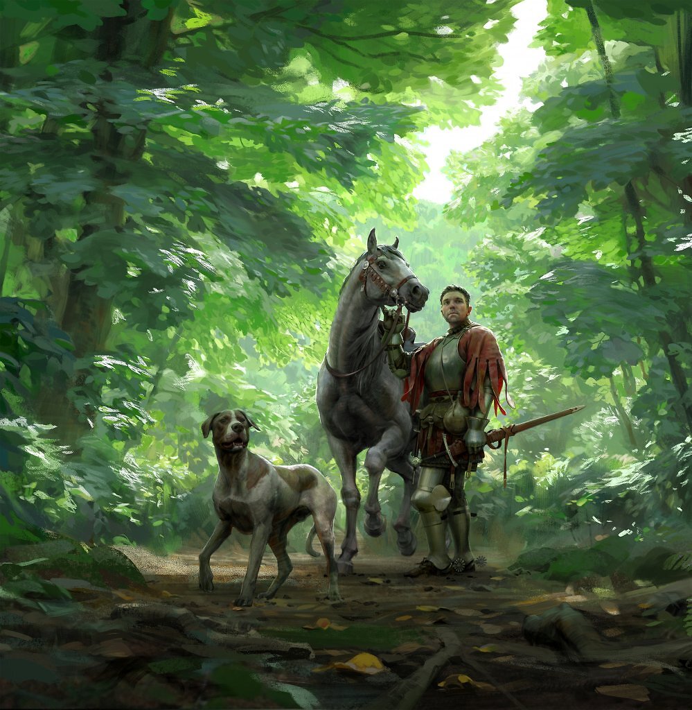 Ritter mit Pferd und Hund im Wald