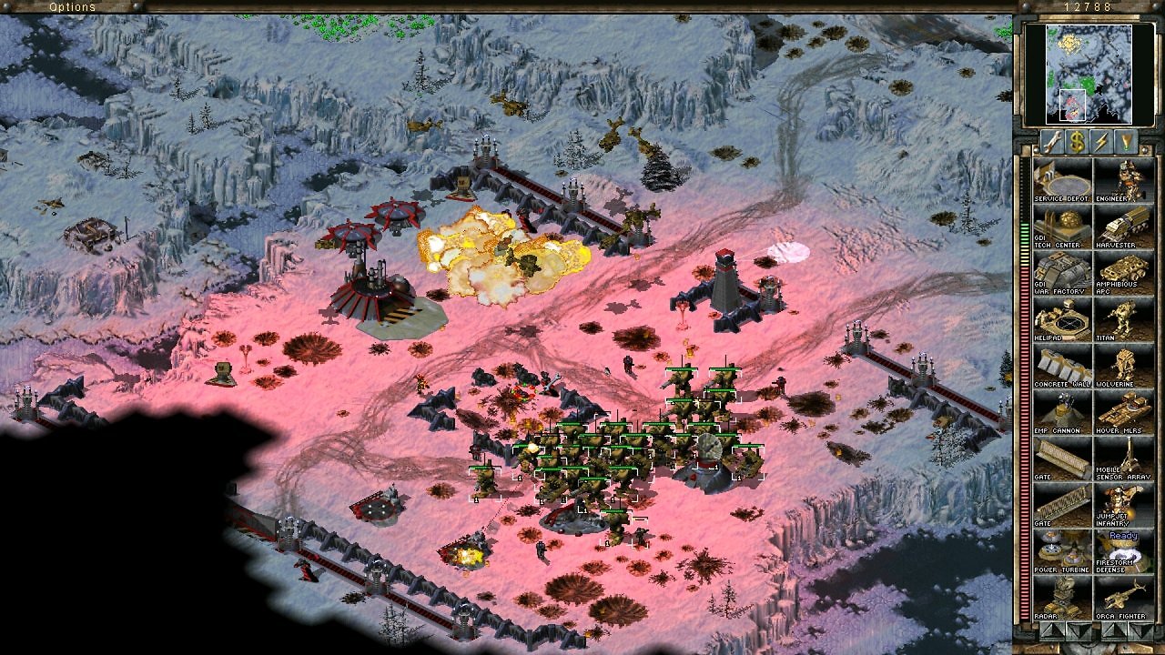 Eine GDI-Armee stürmt einen Stützpunkt von NOD in einem Winter-Szenario.