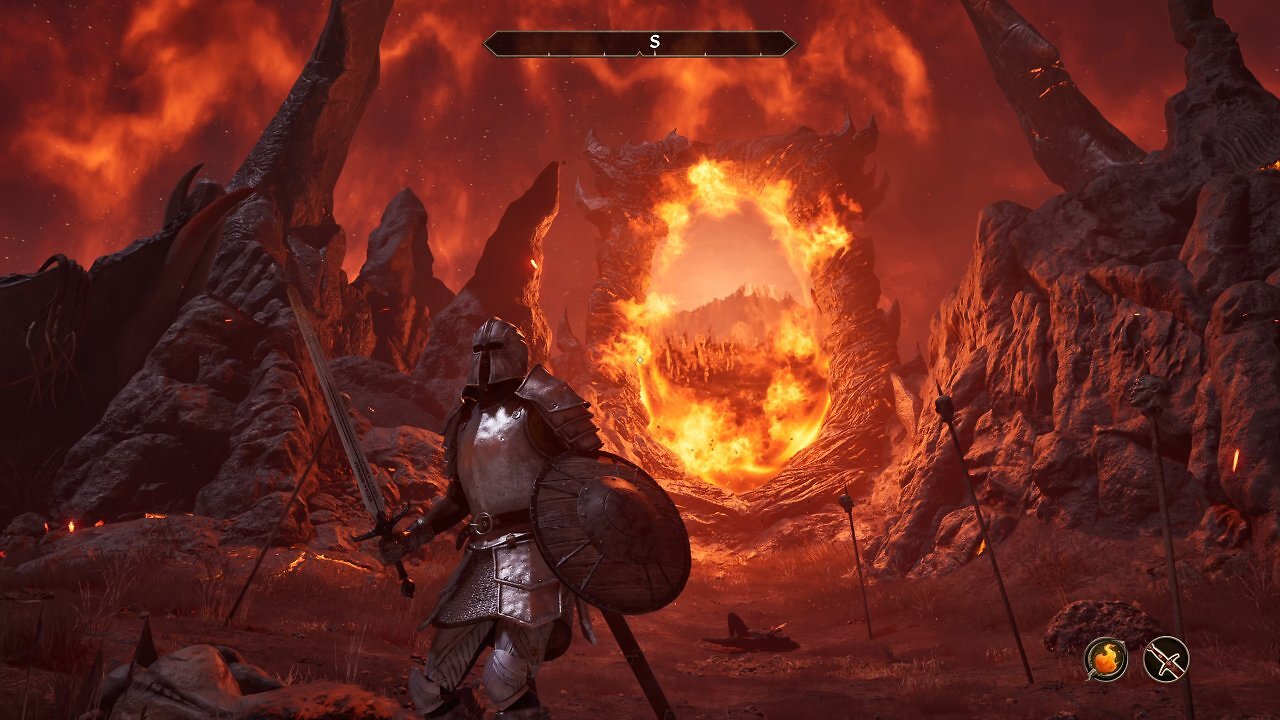 Ein Ritter vor einem brennenden Oblivion-Tor.